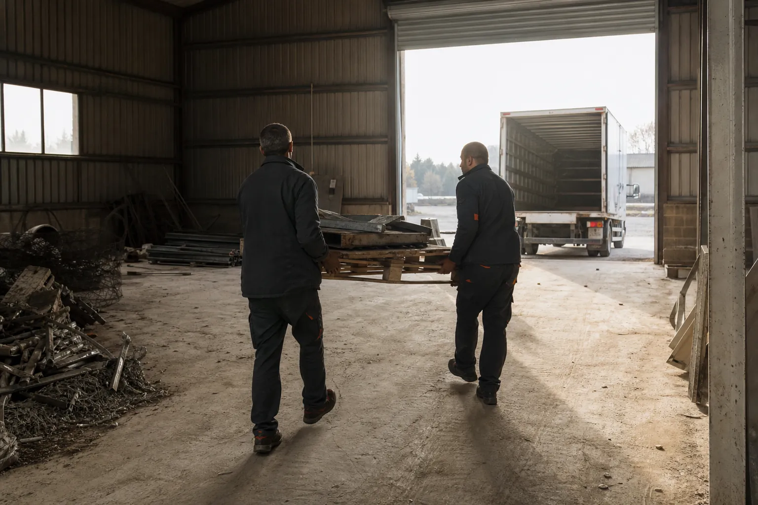 Débarras d’un grand hangar professionnel, palette évacuée vers la porte sectionnelle
