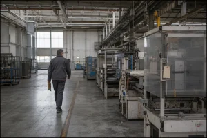 Atelier fermé après cessation d’activité, dernières machines étiquetées
