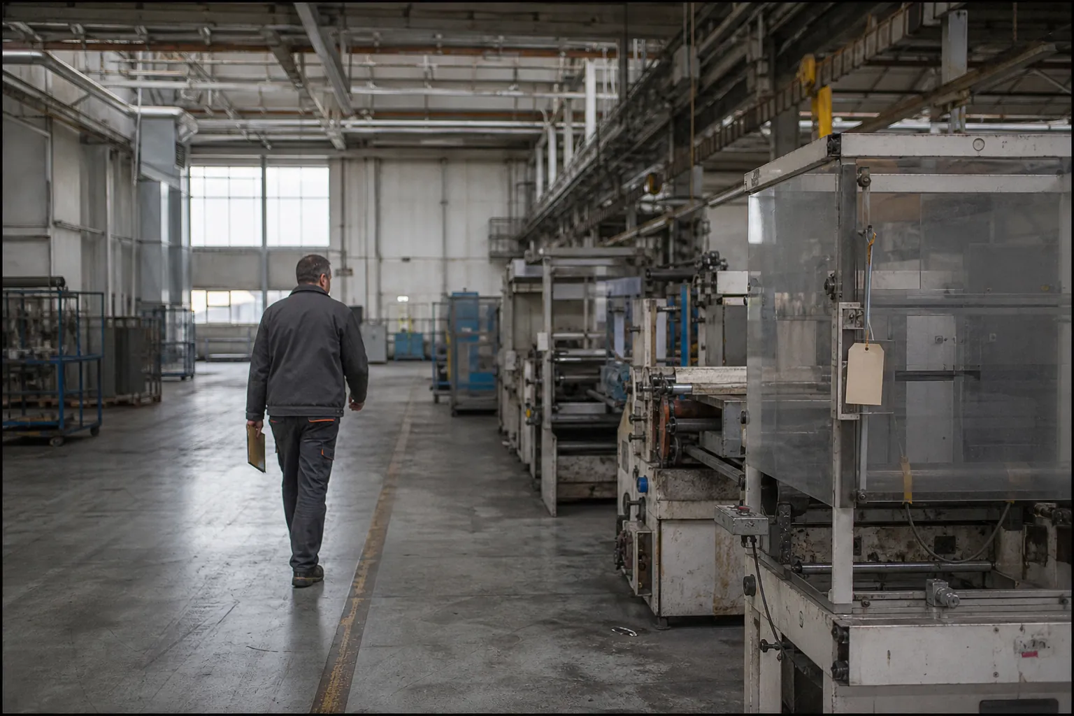Atelier fermé après cessation d’activité, dernières machines étiquetées