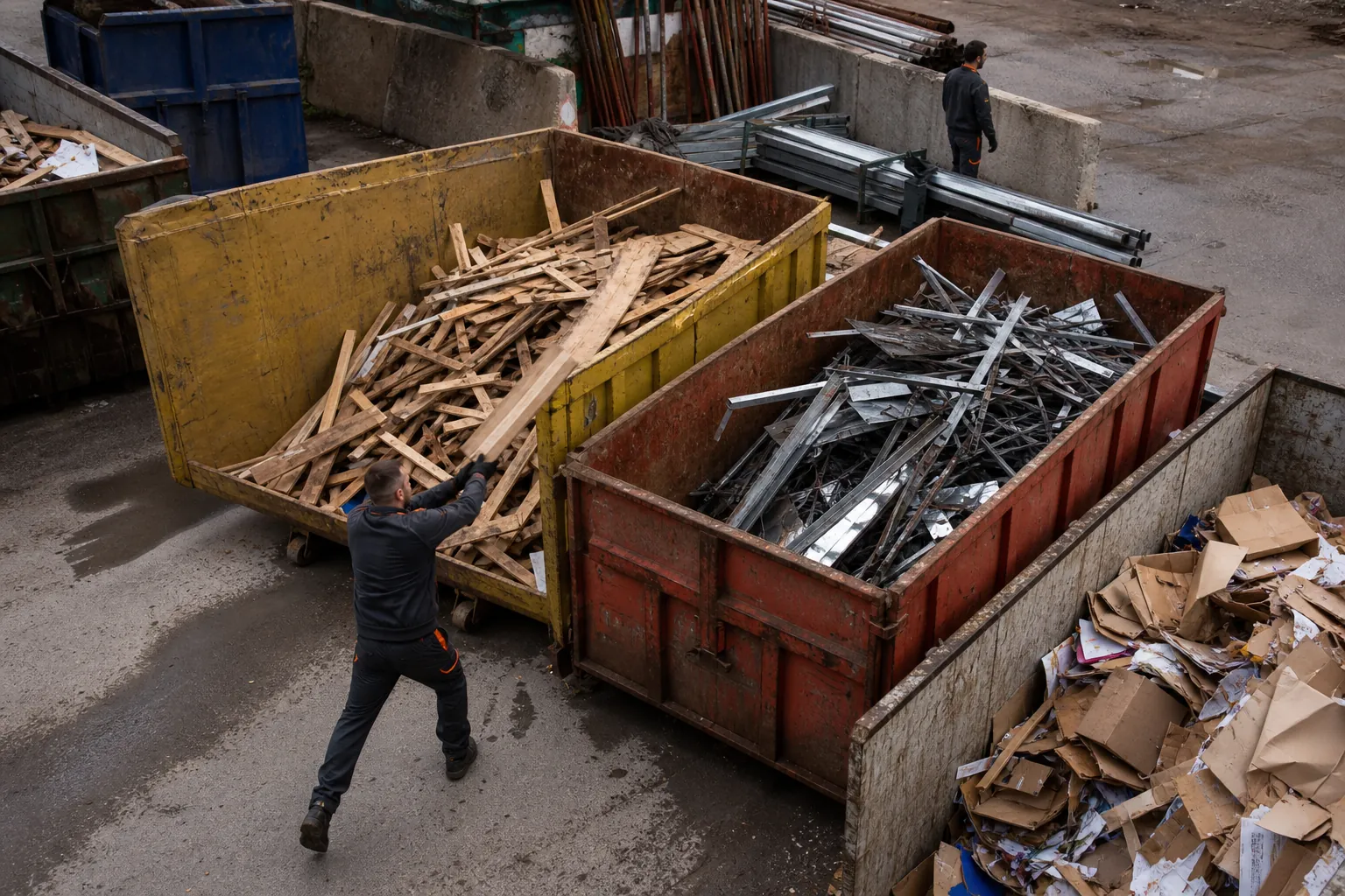 Bennes triées par matériau : bois, métal et carton