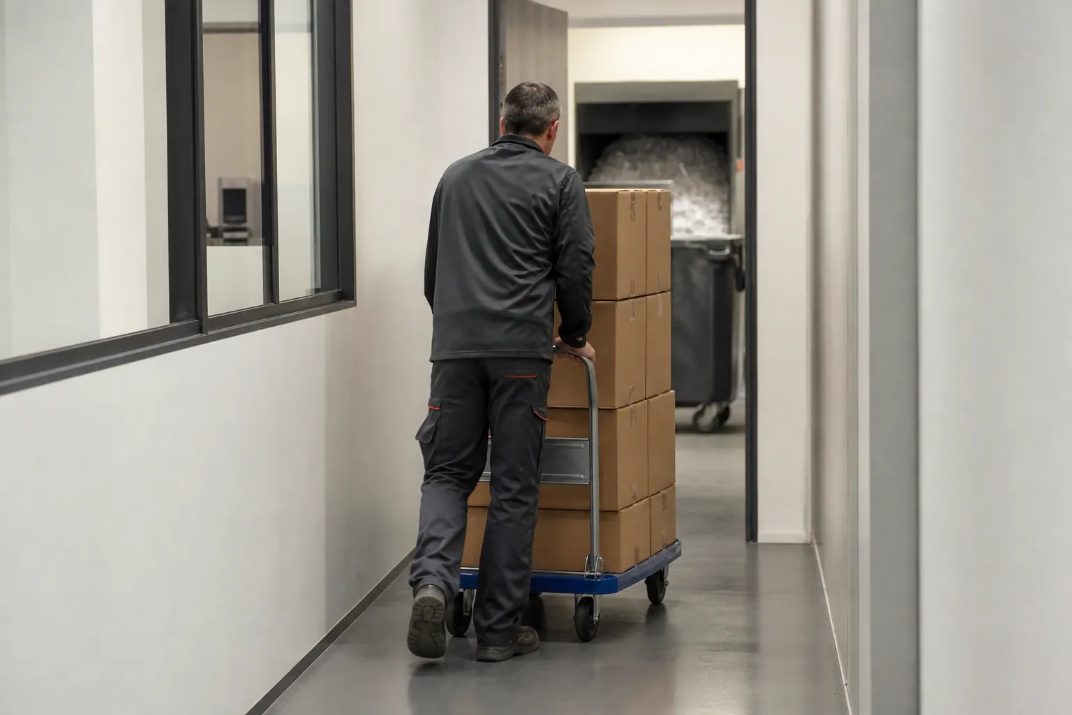 Cartons d’archives sur chariot avant destruction sécurisée