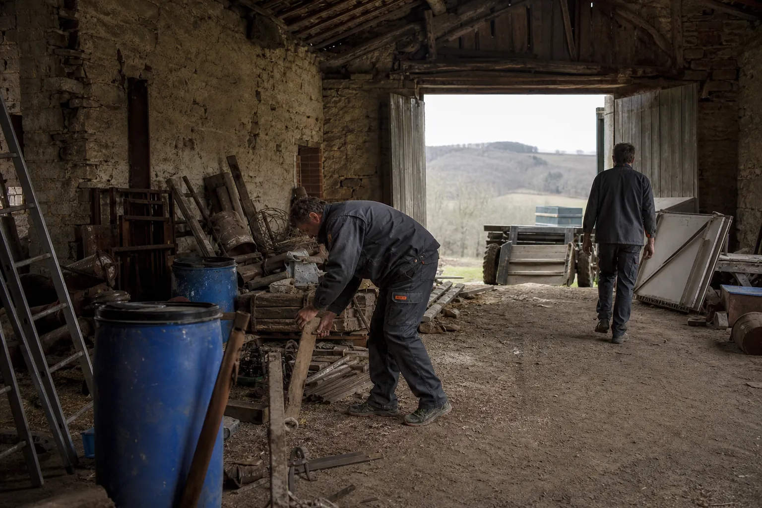 Bâtiment agricole en cours de débarras
