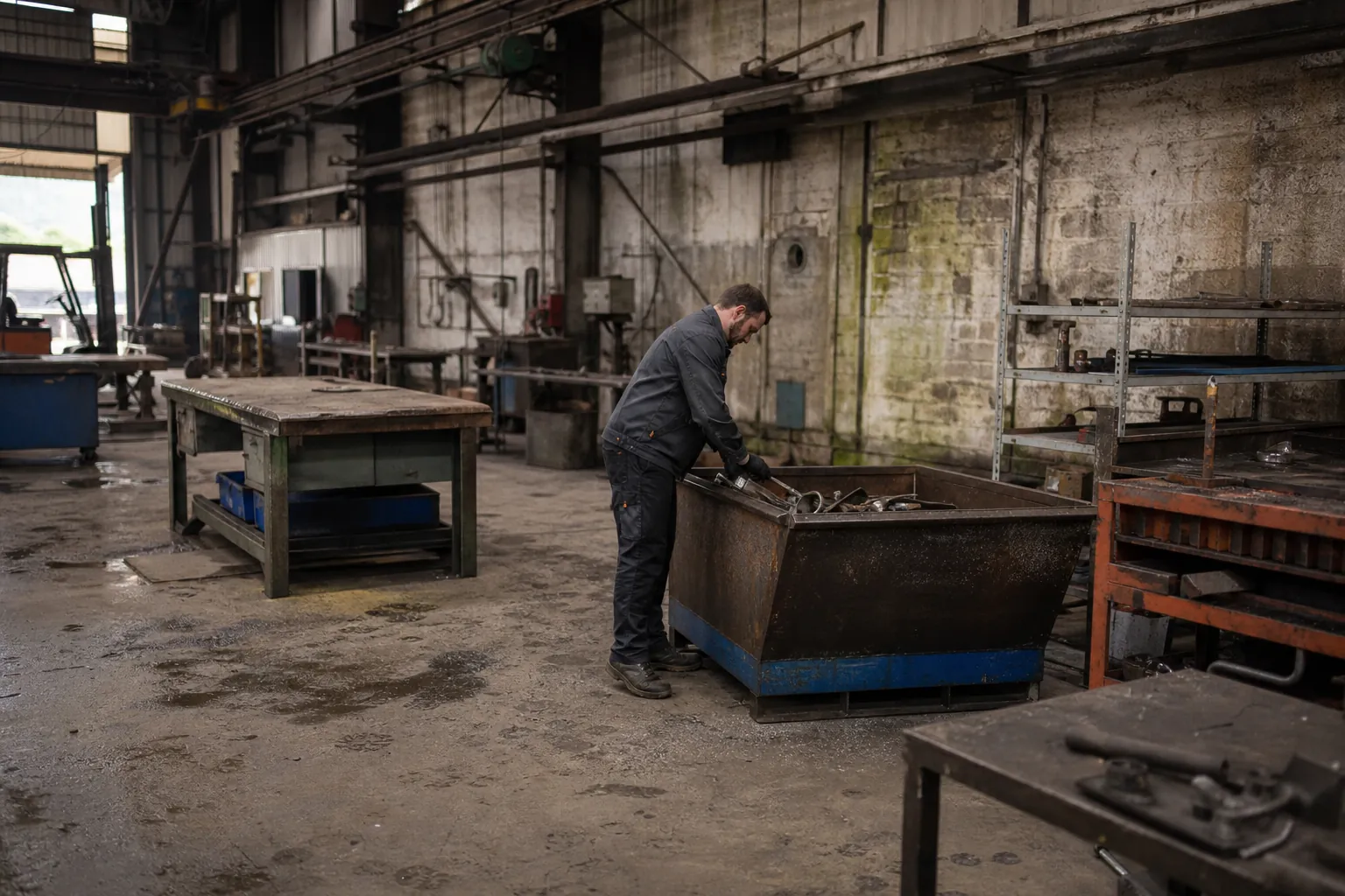 Atelier mécanique en cours de débarras, tri de la ferraille