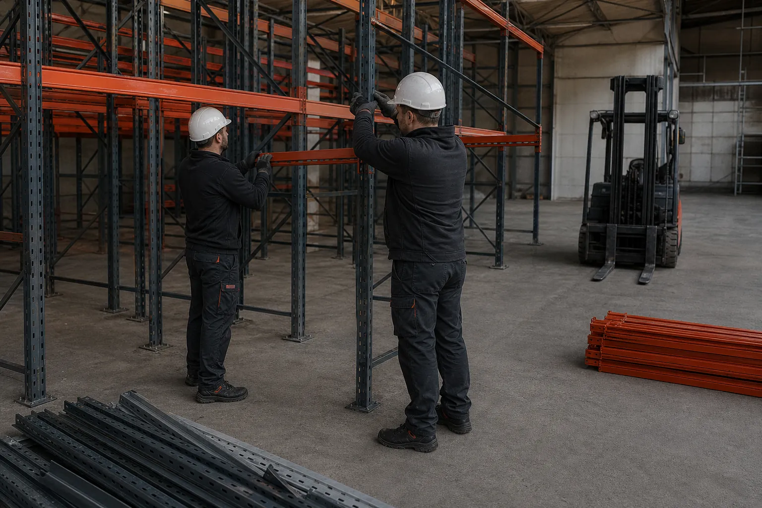 Démontage de rayonnages à palettes dans un entrepôt