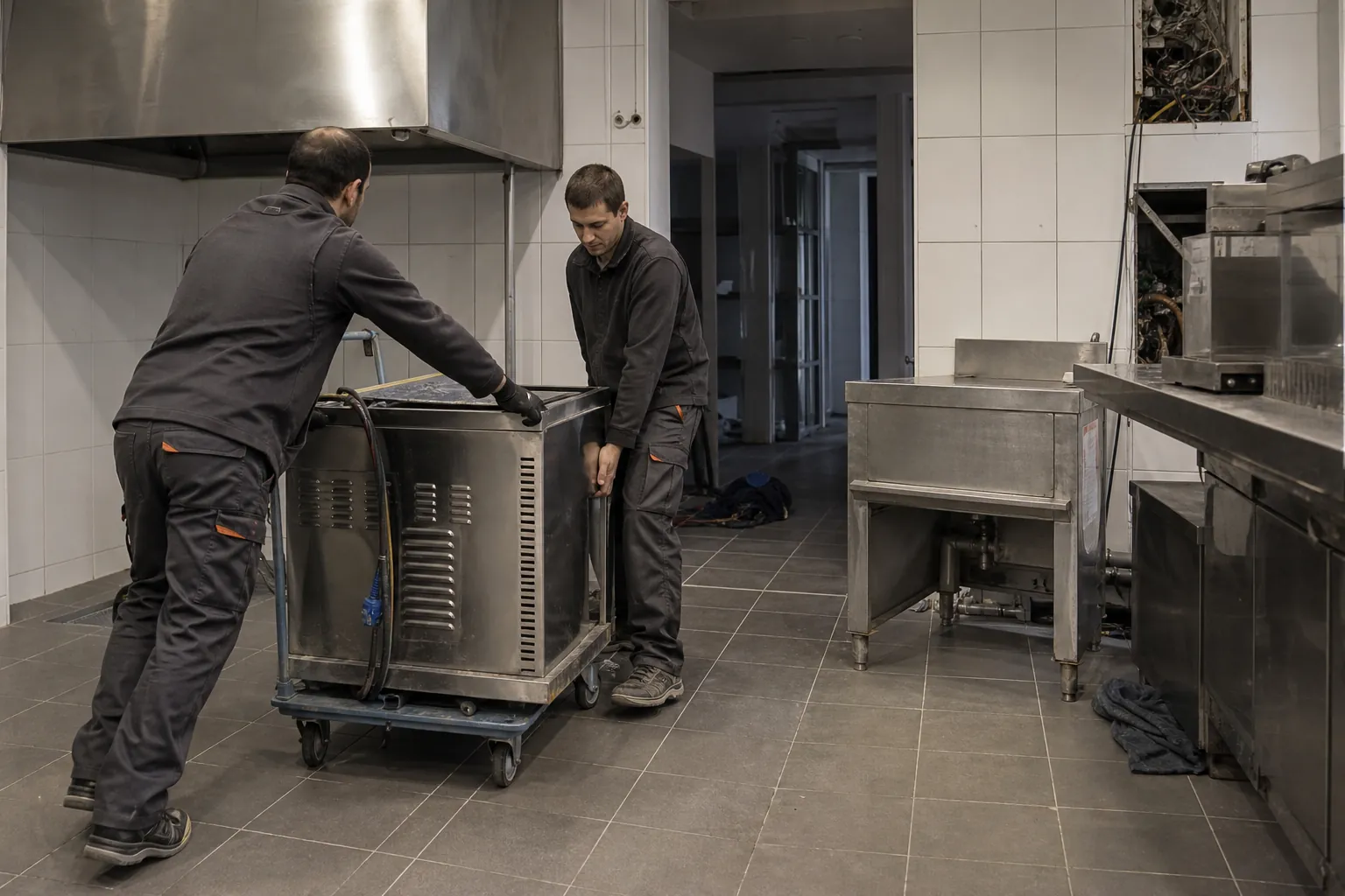 Matériel inox de cuisine de restaurant évacué sur chariot